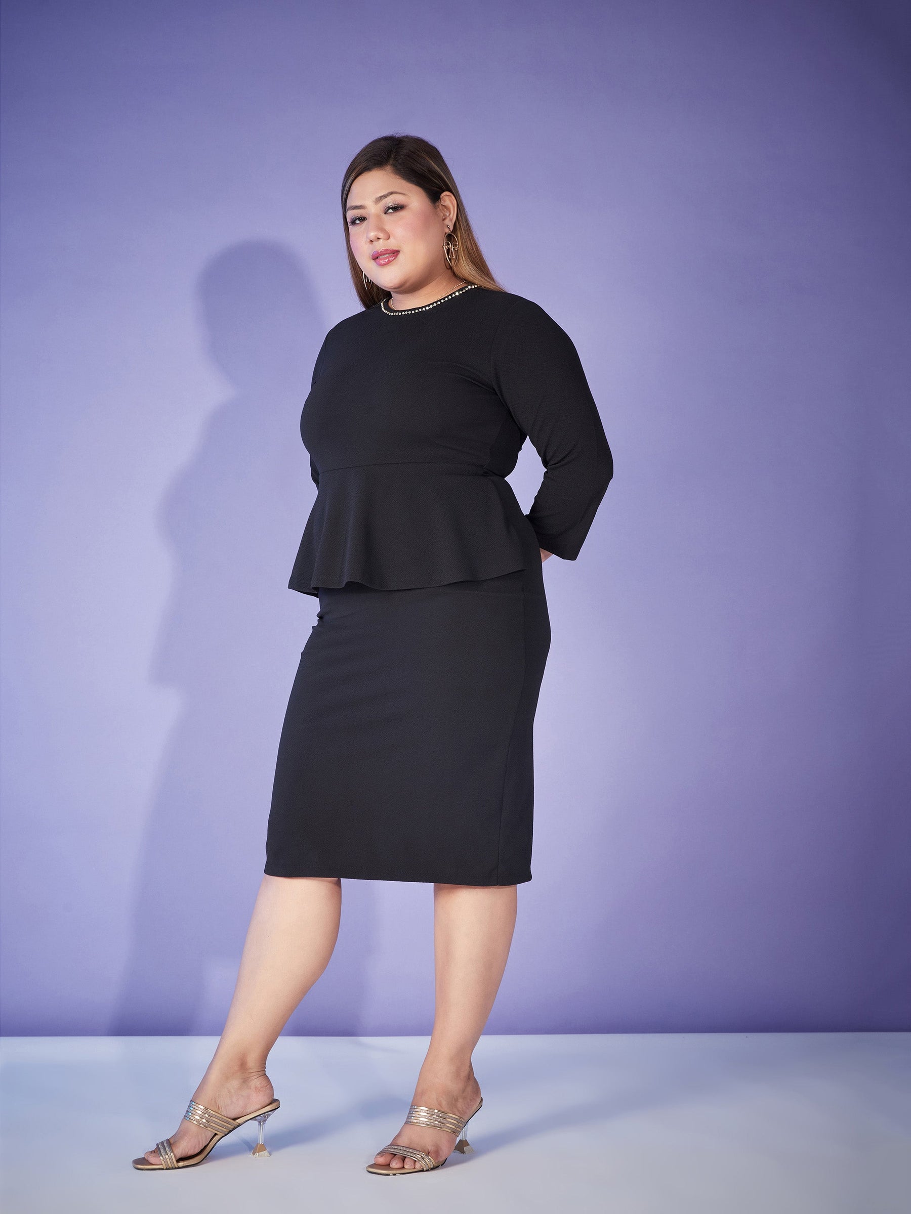 Stop Staring Black Peplum Midi Dress with Square-Sweetheart Neckline, – The  Plus Bus Boutique